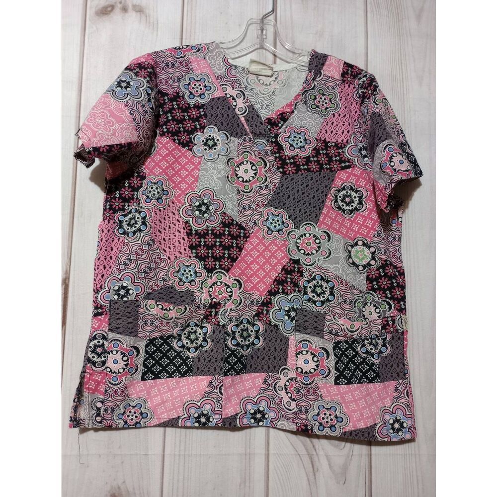 Tafford Scrub Shirt Ladies Small Pink‎ Black Patchwork
